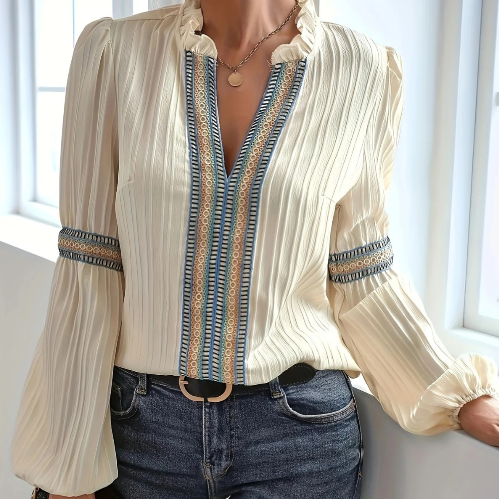 Karen | Embroidered Trim V-Neck Blouse