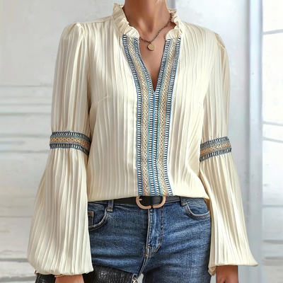 Karen | Embroidered Trim V-Neck Blouse