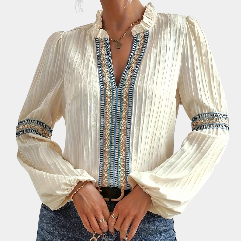 Karen | Embroidered Trim V-Neck Blouse