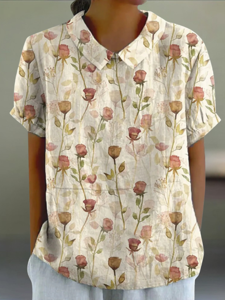 Sofia™ | Blouse Beige avec Fleurs Roses