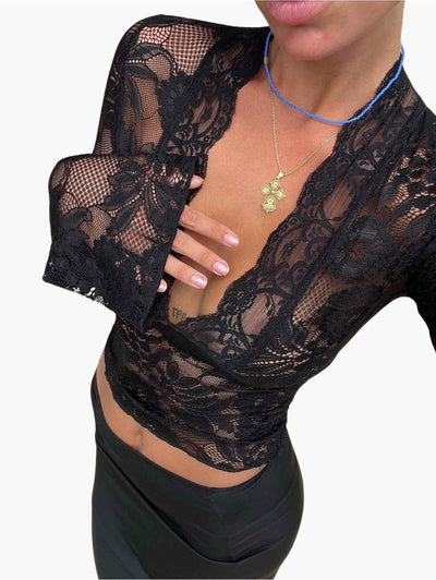 Zynith | Black Lace V-Neck Mesh Top