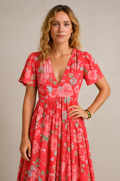Catrisa | Robe à Imprimé Floral avec Poches et Col en V
