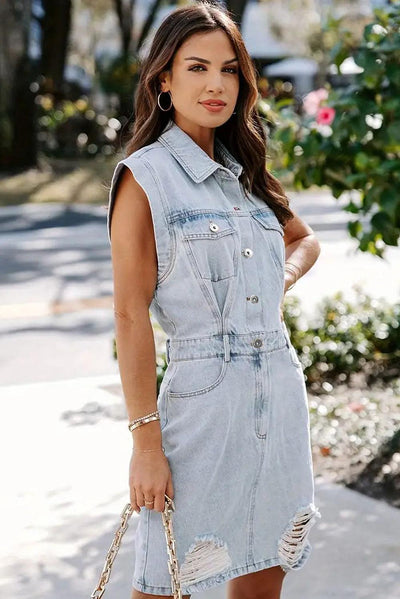 Sofia® | Robe en Denim Lavé Acide avec Poches à Rabat